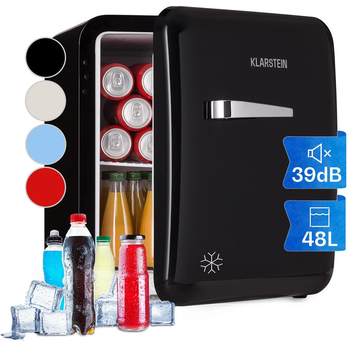 Холодильник Klarstein, міні-холодильник для напоїв, компактний холодильник, тихий, для догляду за шкірою, вінтажний дизайн, для кемпінгу, міні-холодильник для кімнати, 0-10°C, 48 л, енергоклас D, чорний