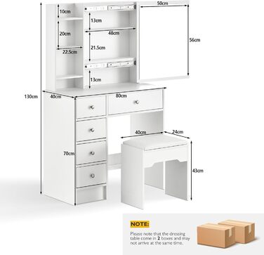 Туалетний столик з розсувним дзеркалом, 5 ящиків, полички, табурет, 40x80x130 см, білий