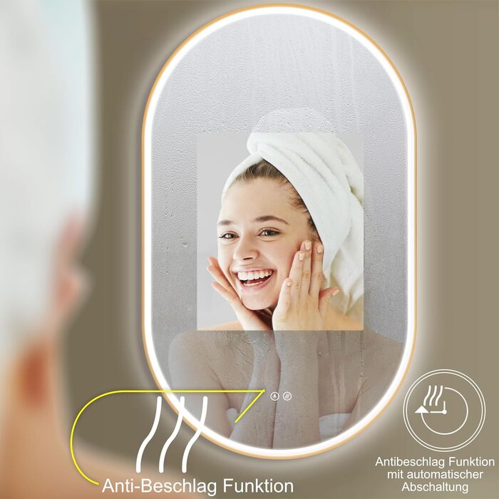 Дзеркало для ванної кімнати HOKO круглої форми 80 см з підсвічуванням, антизапарюванням, рамкою, сенсорним вимикачем, функцією пам'яті та регулюванням кольору світла (2700-6500K) - тепле, холодне, нейтральне світло (75 x 45 см, золотий овал)