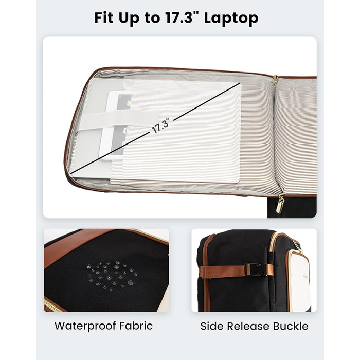 Рюкзак LOVEVOOK для ручної поклажі літака, жіночий водонепроникний рюкзак для подорожей з відділенням для взуття, 17-дюймовий рюкзак для ноутбука, 40L, 45x36x20, ручна поклажа, чорний + бежевий + каштановий