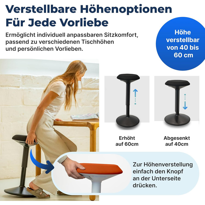 Ергономічний офісний стілець-хокер з регулюванням висоти та ефектом балансування, помаранчевий (40-60 см). Стілець для стоячої роботи, тестувальник, антиковзний.