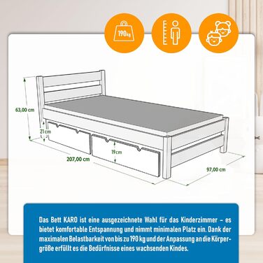 Ліжко дитяче Вробель Kinderbett 90x200 см з 2 шухлядами та ламелями - односпальне ліжко з масиву сосни - ліжко Монтессорі для дітей та підлітків, біле - без матрацу 90 x 200 см