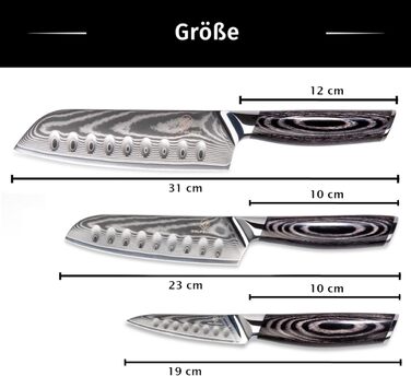 Набір кухонних ножів Wolfblood PRO 3 шт. Дамаск XL (31, 23, 19 см) з нержавіючої сталі 67 шарів, з дерев'яною ручкою, подарункова коробка та захист леза. Перевірено TÜV, твердість 62 HRC