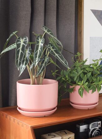 Набір горщиків для квітів LE TAUCI (3 шт.) з кераміки, діаметр 11, 13, 17 см, з підставками та дренажними отворами, реактивна глазур, бежево-рожевий