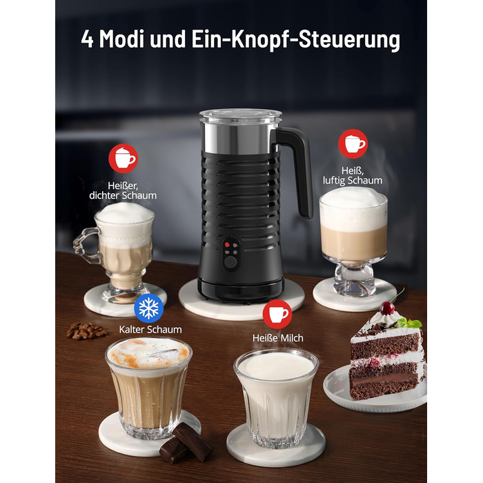 Піноутворювач молока PARIS RHNE електричний з підставкою, піноутворювач молока 4-в-1 і пароварка Контроль температури гарячої-холодної піни, автоматичне відключення піноутворювача молока для кави Темно-чорний