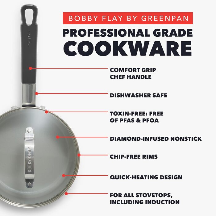 Набір посуду GreenPan x Bobby Flay 13 предметів: професійний алюміній, керамічне антипригарне покриття без PFAS/PFOA, індукційний, силіконовий ручка, безпечний для миття в посудомийній машині (каструля 2.53 л з кришкою, сірий (Графіт//Nature's Deligh