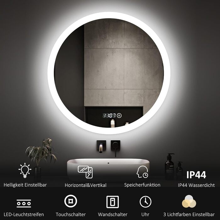 Круглий дзеркало для ванної кімнати Boromal з підсвічуванням, годинником та 3 кольорами світла (60см)