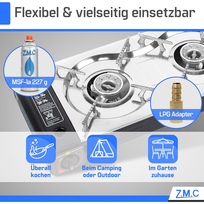 Газовий набір для кемпінгу ZMC 2-поверховий з адаптером для LPG + 4 балончики 227г + кейс, 2.5кВт, з Piezo-запалюванням, для відпочинку на природі та дому