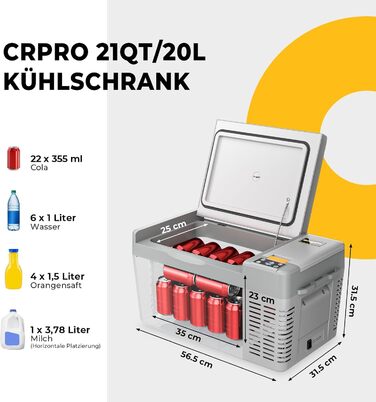 Автомобільний компресорний холодильник BougeRV CRPRO 20L (12/24V DC, 110-240V AC) -22℃~10℃, для авто, кемпінгу, подорожей, сірий