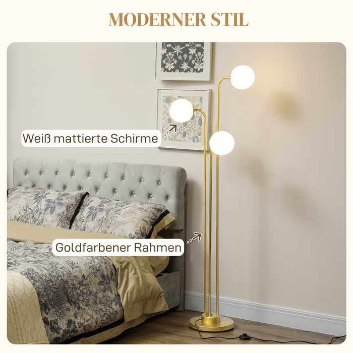 Стильна підлогова лампа HOMCOM з 3 абажурами, з вимикачем на підставці, для вітальні, спальні, 3 патрони E27, золотистий колір