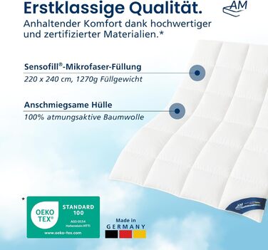 DormiGood Преміум ковдра з мікрофібри на весь рік 135x200 - Зроблено в Німеччині - Ковдра для алергіків 135x200 з наповнювачем Sensofill - Ковдра 135x200 см з сертифікацією Oeko TEX та бавовняним покриттям (1 комплект, 220x240 см)