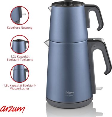 Арзум Ehlikeyf - електрочайник та турка для приготування турецького чаю, 2200W, 3,5л, 1,2л, нержавіюча сталь, регулювання температури, захист від сухого кип'яття, блакитний