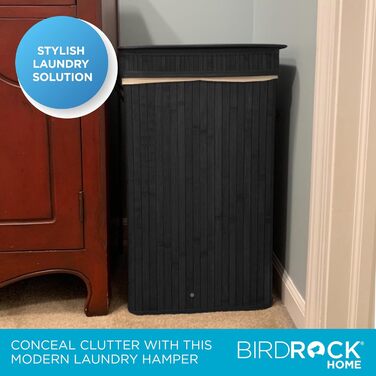 Корзина для білизни BirdRock квадратна з кришкою та підкладкою з тканини, бамбук, чорна, з мотузковими ручками