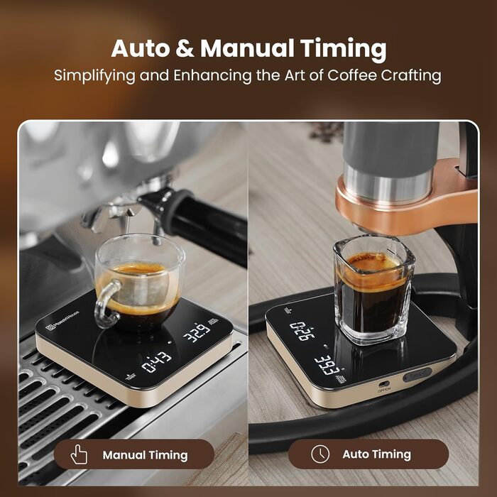 Ваги для кави Maestri House Mini-Kaffeewaage: точні ваги 2 кг/0,1 г з таймером для еспресо та Pour-Over (чорне золото)