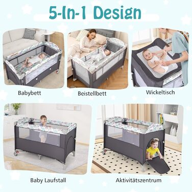 Дитяче ліжко-манежа Dreamade 120 x 60 см з колесами, 4 в 1: ліжко, манежа, пеленальний столик, туристичне ліжко для новонароджених (Сірий)