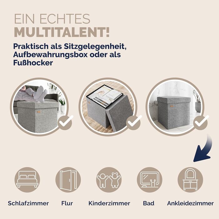 Пуф Casaria® з місцем для зберігання, білий, складний, з м'яким сидінням, 38x38 см. Підходить для спальні, вітальні, передпокою.