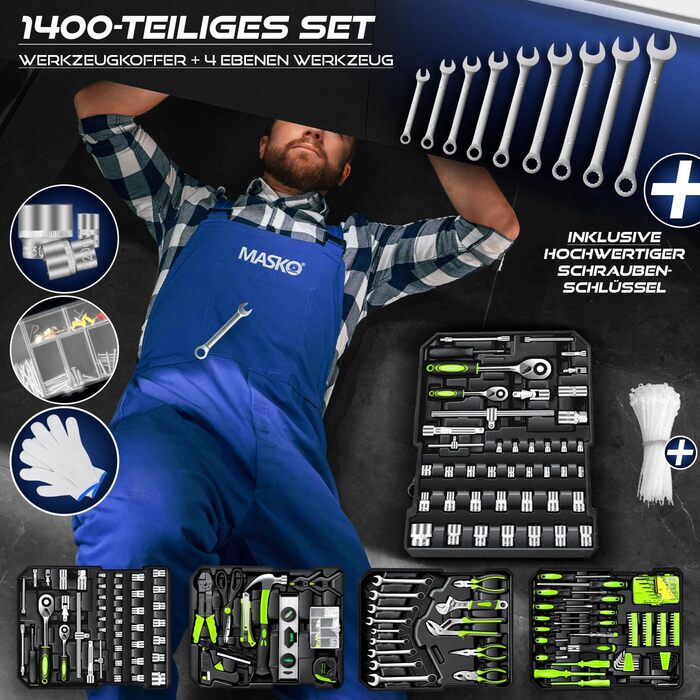 Набір інструментів MASKO 1400 предметів в алюмінієвому кейсі на колесах: професійний інструментальний візок для дому, майстерні, автосервісу