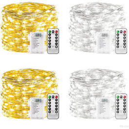 Ланцюжок прикрас з LED-лампочками на батарейках, 100 LED, 10 метрів, 8 режимів, пульт дистанційного керування, таймер, теплий білий, диммування, вологостійкий, для прикрашання на Різдво