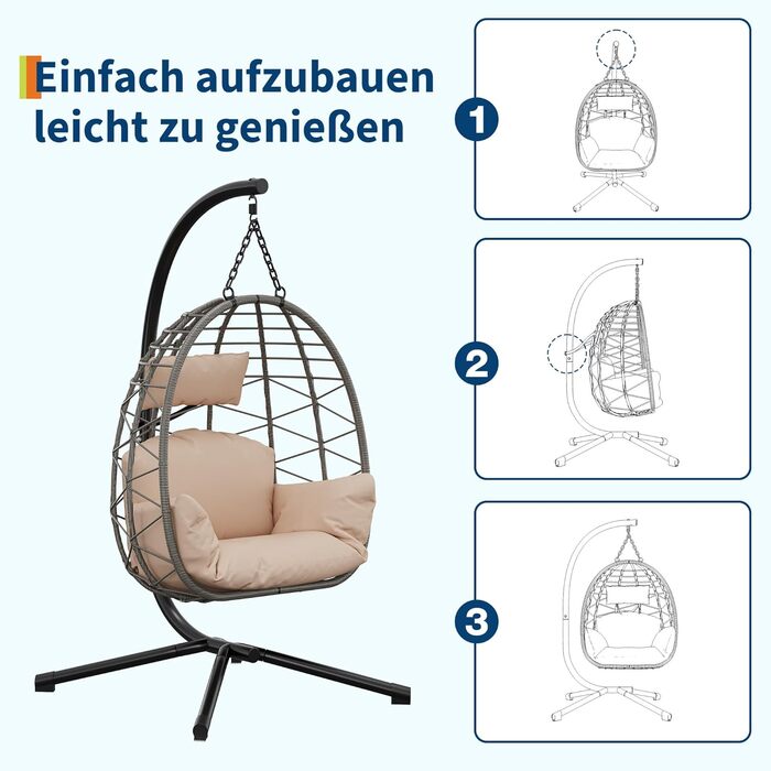 Крісло-гойдалка на підвісці з ротангу з металевим каркасом, до 150 кг, для саду, тераси, балкону (Бежевий)