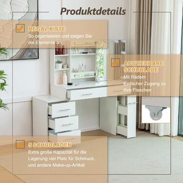 Дзеркальний туалетний столик Thanaddo з підсвічуванням та пуфом, 100×40×136 см. 6 шухляд, відкриті полиці, сучасний дизайн для спальні (білий)