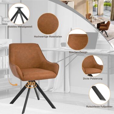 Обідні стільці поворотні, набір 4 шт. з підлокітниками, коричневі. Сучасні стільці для кухні, вітальні, офісу з металевим каркасом та спинкою. Зручні, з м'яким сидінням з льону.