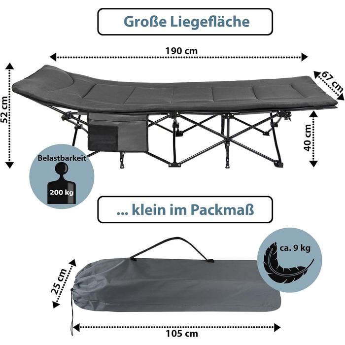 Складане кемпінгове ліжко ALPIDEX з м'яким матрацом та кишенею, витримує до 200 кг, сіре