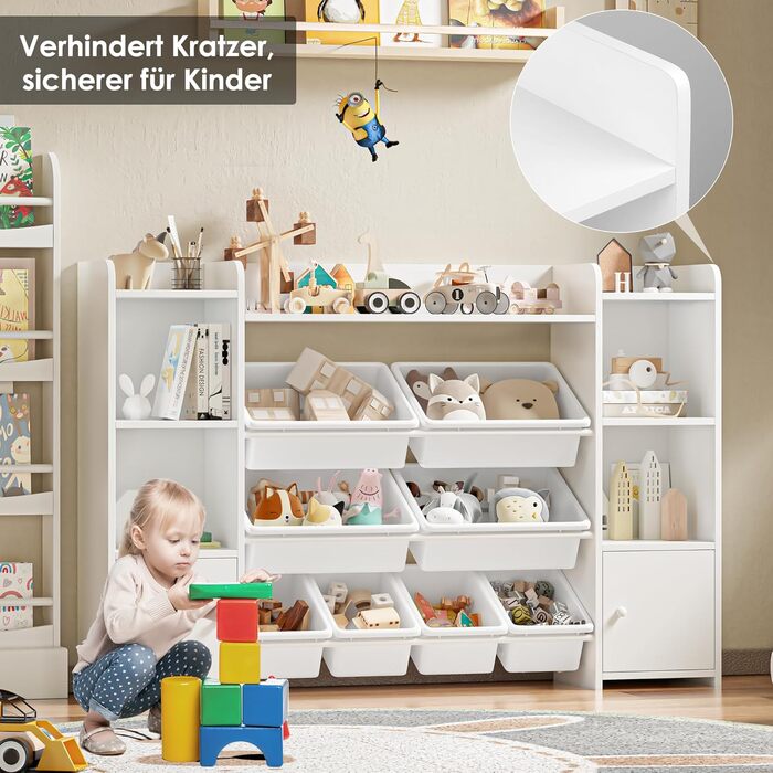 FOREHILL Дитяча полиця з 8 ящиками, дитячий шафчик, полиця для книг для дітей, органайзер для зберігання в дитячій кімнаті, меблі з іграшковою коробкою, 138,8 x 94,3 x 29,6 см, білий