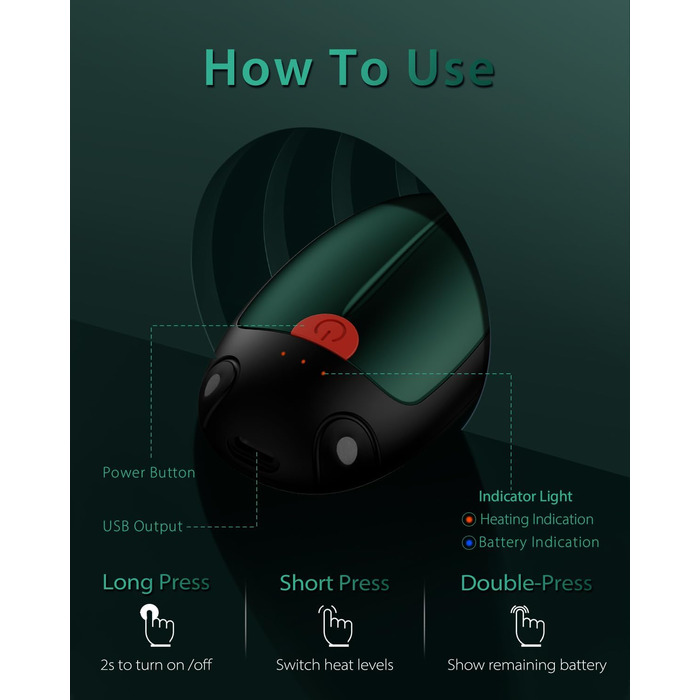 Електричні грілки для рук VTHW 2 шт. - USB, 20 годин тепла, 3 рівні температури, для спорту та артриту (зелені)