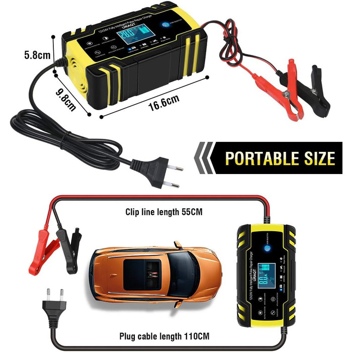 Зарядний пристрій для акумулятора URAQT 8A: 12V/24V, розумна автоматична зарядка для авто, LCD дисплей, режим ремонту, захист, для авто, вантажівок, газонокосарок, човнів
