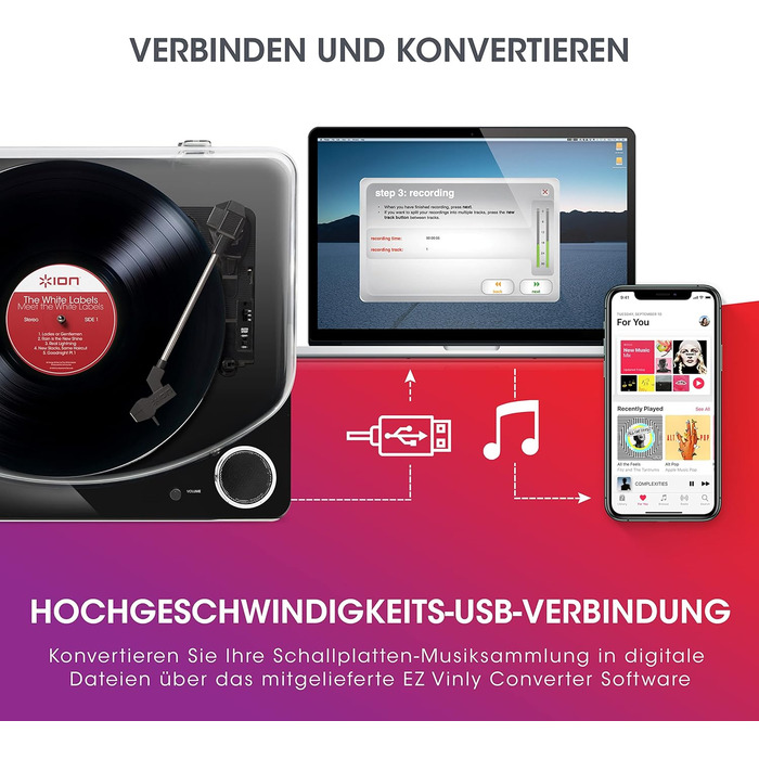 Програвач вінілу ION Audio Max LP з Bluetooth, вбудованими динаміками та USB, чорний
