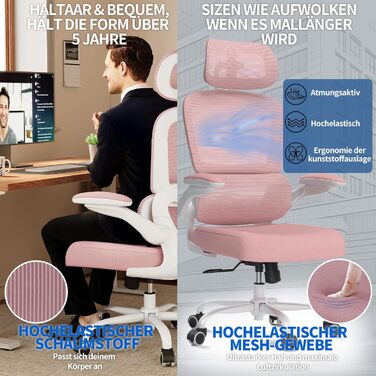 Офісне крісло TRALT Ergonomic - ергономічне крісло з регульованою підтримкою попереку та підголівником, ігрове крісло, крісло для дому, офісу, для великих людей (Рожеве)