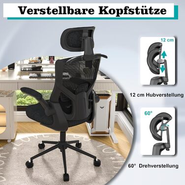 Ергономічне крісло для офісу з регульованою підголівником та поперековою підтримкою – високе офісне крісло з сітчастою спинкою та м'яким сидінням, вішалка для одягу та функцією блокування (Чорний)