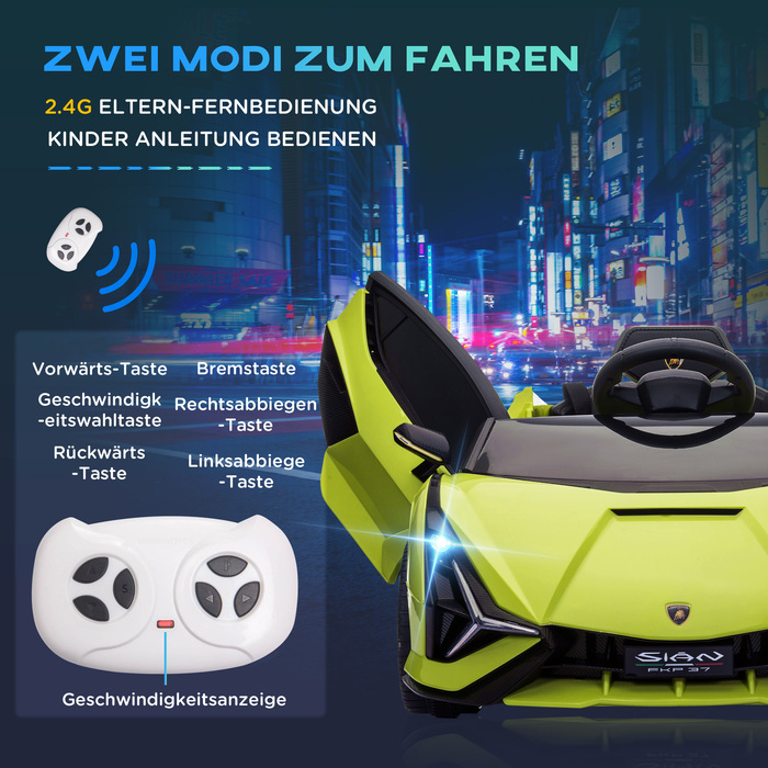 Дитячий електромобіль HOMCOM Lamborghini, 3-5 км/год, з дистанційним керуванням, для дітей 3-5 років, колір: зелений