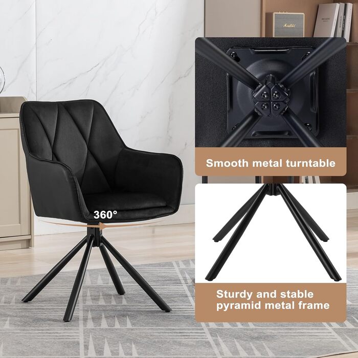 Обідні стільці Lestarain, поворотні, для кухні, спальні, вітальні, комплект з 4 шт. М'які, з підлокітниками та спинкою, на металевих ніжках, оксамит, чорний колір