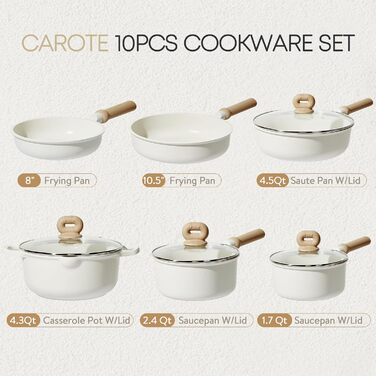 Набір каструль і сковорідок CAROTE з 10 предметів, з антипригарним покриттям, індукційний набір каструль і сковорідок для приготування їжі