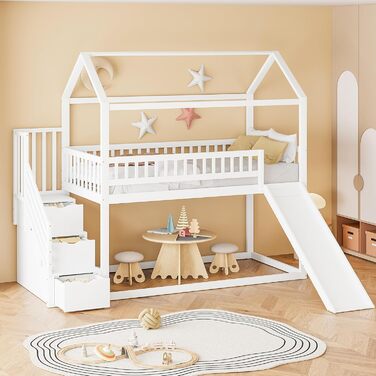 Двоярусне ліжко для дітей з драбиною, біле. Ліжко-горище, ліжко-ігровий майданчик, ліжко-крісла для підлітків, каркас двоярусного ліжка з ламелями, без матрацу.
