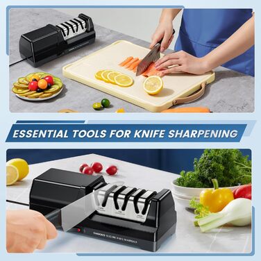 Електричний точило для ножів MusyVocay з алмазним покриттям, професійне 3-ступеневе, кухонне точило з регулюванням кута 20 градусів для грубого шліфування та відновлення леза (чорний)