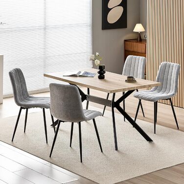 Набір з 4-х оббитих стільців для їдальні з тканини льон та чорними металевими ніжками, смугастий дизайн, для їдальні, вітальні, спальні, кухні, рецепції, сірий