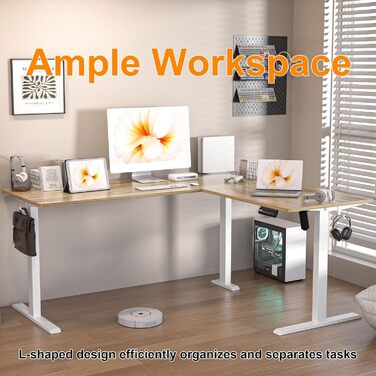 Електричний кутовий стіл BEXEVUE з регулюванням висоти 160x140 см, 3 режими пам'яті, антиколізійна технологія, ліворуч/праворуч, ергономічний комп'ютерний стіл, матеріал: акорн