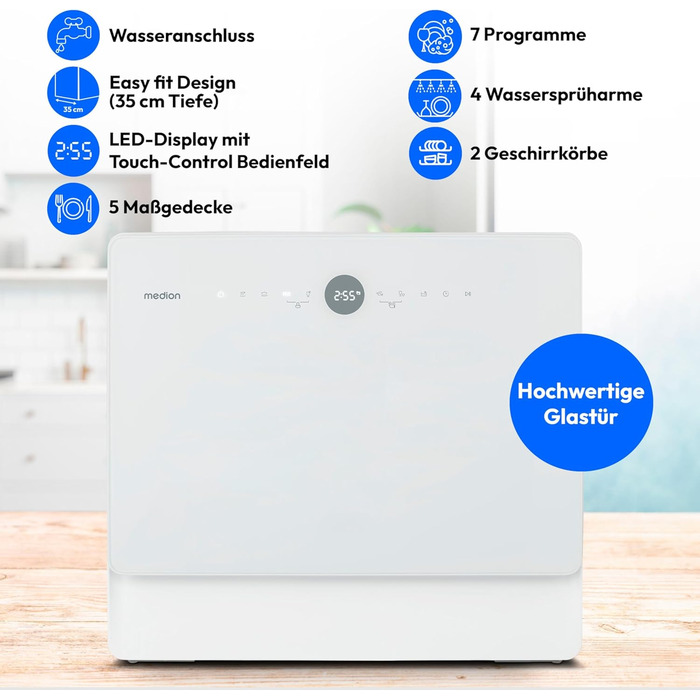 MINI посудомийна машина MEDION DWT51 біла (5 комплектів, з сенсорним керуванням, функція відра, 7 програм, таймер, MD 37766)
