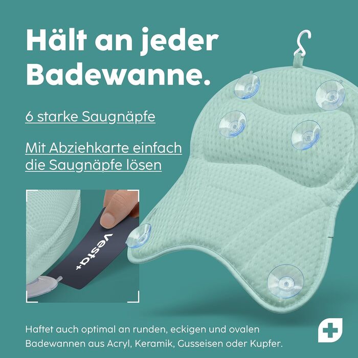 Подушка для ванни Vesta+ Badewannenkissen L з присосками, м'ятного кольору, для шиї та підтримки голови