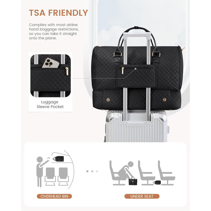 LOVEVOOK Складаний дорожній саквояж для жінок, 2-в-1, з сумкою для взуття, водонепроникний, для ручної поклажі, 53L, чорний