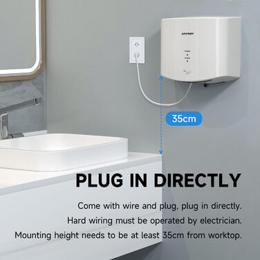Anydry 2630S: Компактний електричний сушар для рук з автоматичним керуванням, для монтажу на стіну, для дому та комерційних приміщень, 1400-1650W, білий