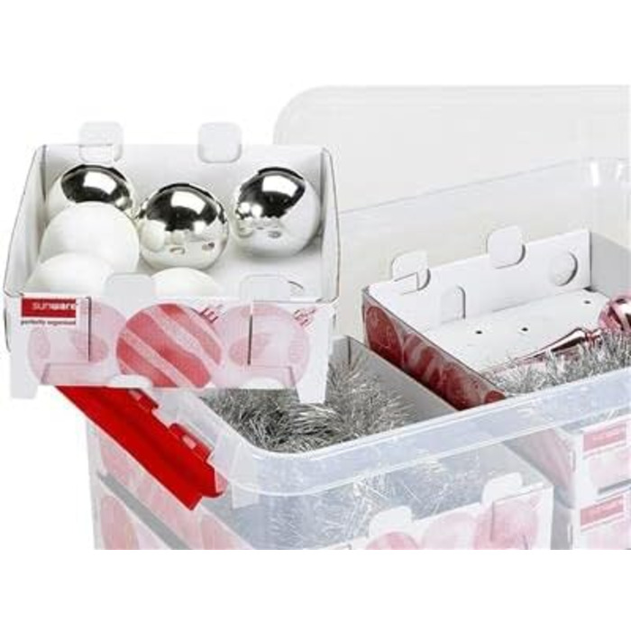 Коробка для прикрас SUNWARE Q-Line 45 л з підносами для 98 ялинкових кульок, прозора/червона
