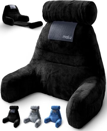 Велике подушко-крісло для читання Malu, ергономічна подушка з підтримкою спини для ліжка + ролик для шиї, з подрібненим пінополіуретаном Memory Foam, для використання в ліжку, на дивані або на підлозі, чорний