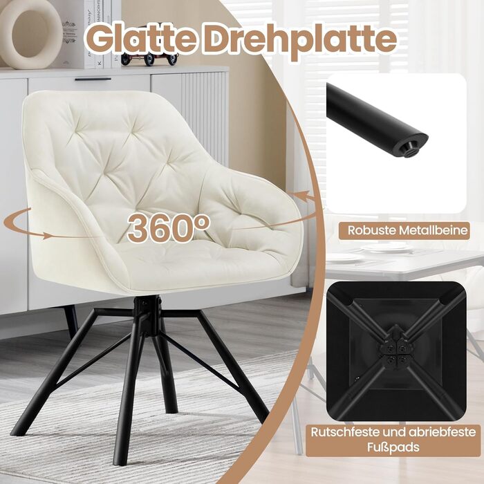 Крісла для їдальні WOLTU EZS60dgr-4 (8 шт.) з м'яким сидінням та підлокітниками, обертаються на 360°, з металевими ніжками, оксамитовий покрив (кремовий)