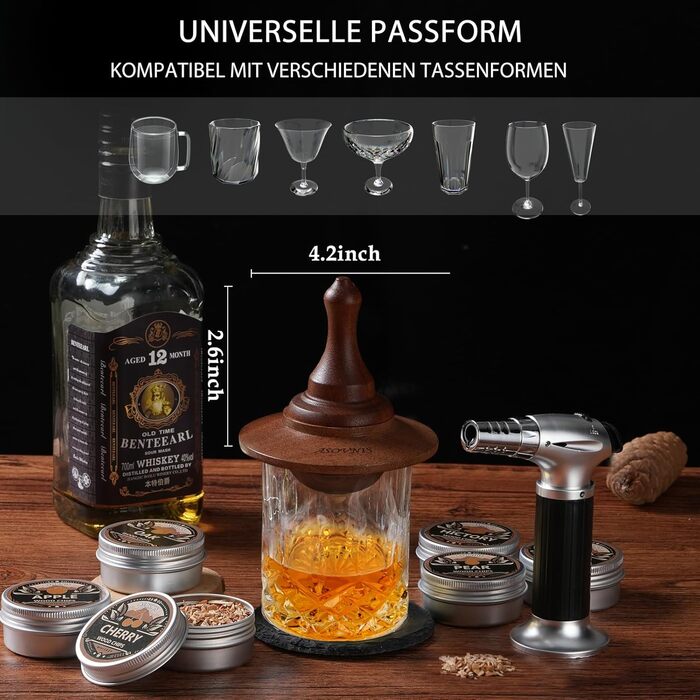 Набір для копчення віскі з факелом, 6 смаків, тріски, 2 склянки, 6 контейнерів для віскі, набір для коктейлів, набір для копчення напоїв, подарунок на день народження для Бурбон-віскі для чоловіків (без бутану)