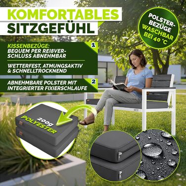 Садова лавка Tillvex® 3-4 місця з подушками та чохлом, вулична, дерев'яний вигляд, до 300 кг, стійка до УФ-випромінювання, антрацит/білий, 150 см