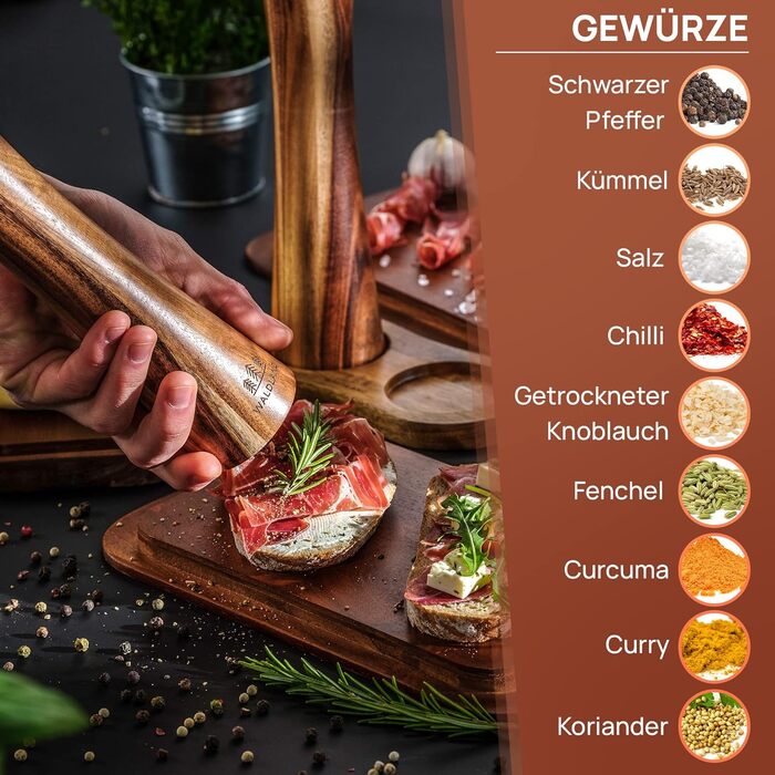 Набір для солі та перцю WALDLAND® з дерева з підставкою (21 см) | Мельниці для спецій з керамічним механізмом | Набір перчниці та солізниці