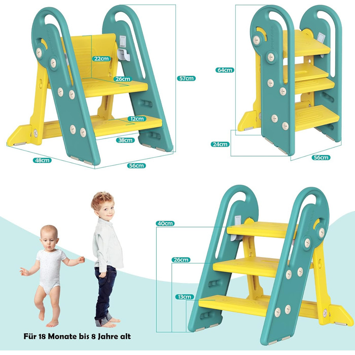 Дитячий підсвічник Onasti Tritthocker Kinder: регульована висота, 3 сходинки, з ручками, складний, анти-кіп та анти-ковзний, для кухні, ванної, раковини та туалету (сірий) сіро-білий (зелений)